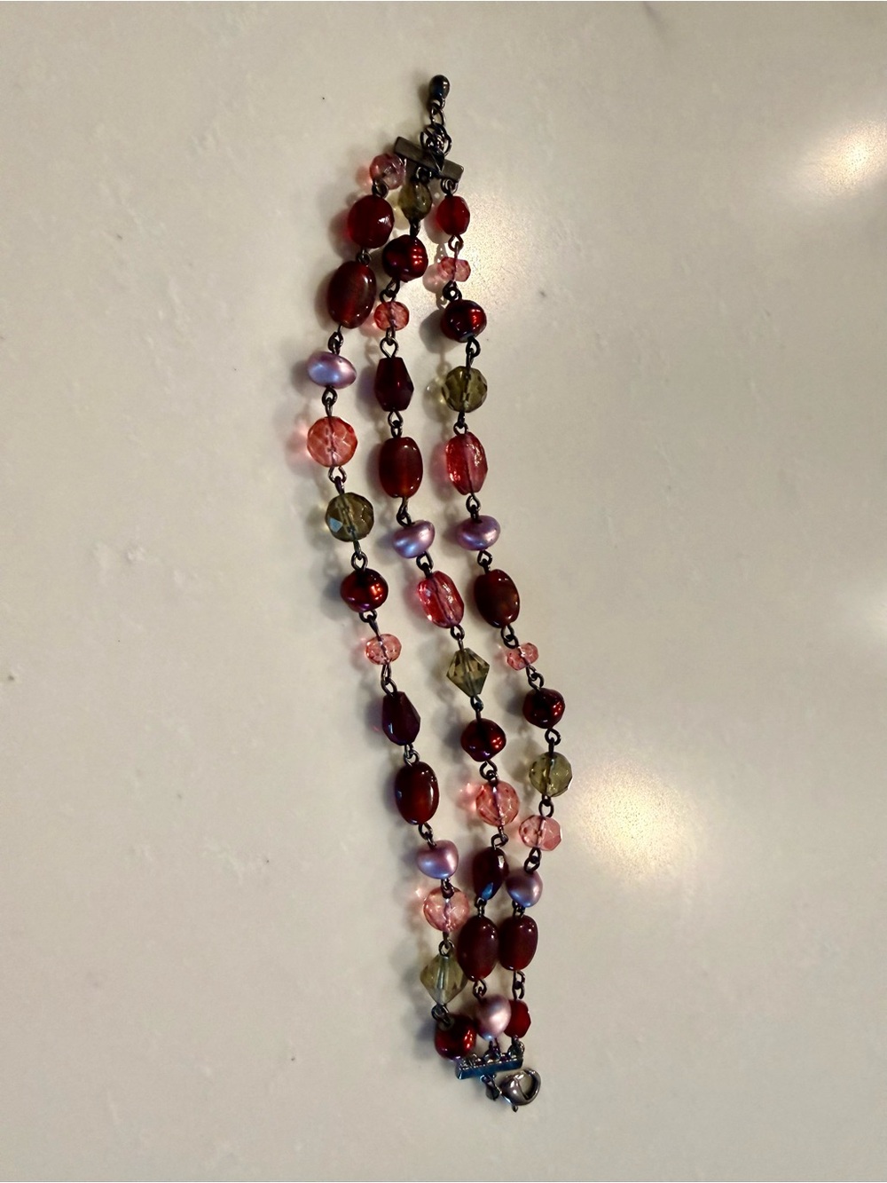 Vintage Lia Sophia Inspired Multi-Strand Beaded Bracelet - Crimson & Blush Boho